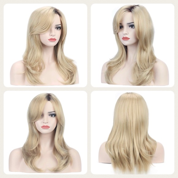 Wig Blonde Brown Roots Shoulder Length Long Shaggy Flaxen Free Part Side Part - Picture 1 of 16